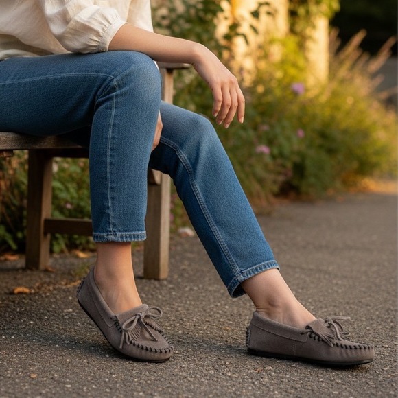 Minnetonka Shoes - Minnetonka Kilty Suede Moc Grey Fringe Driving Moccasin Loafers 401T Womens 7